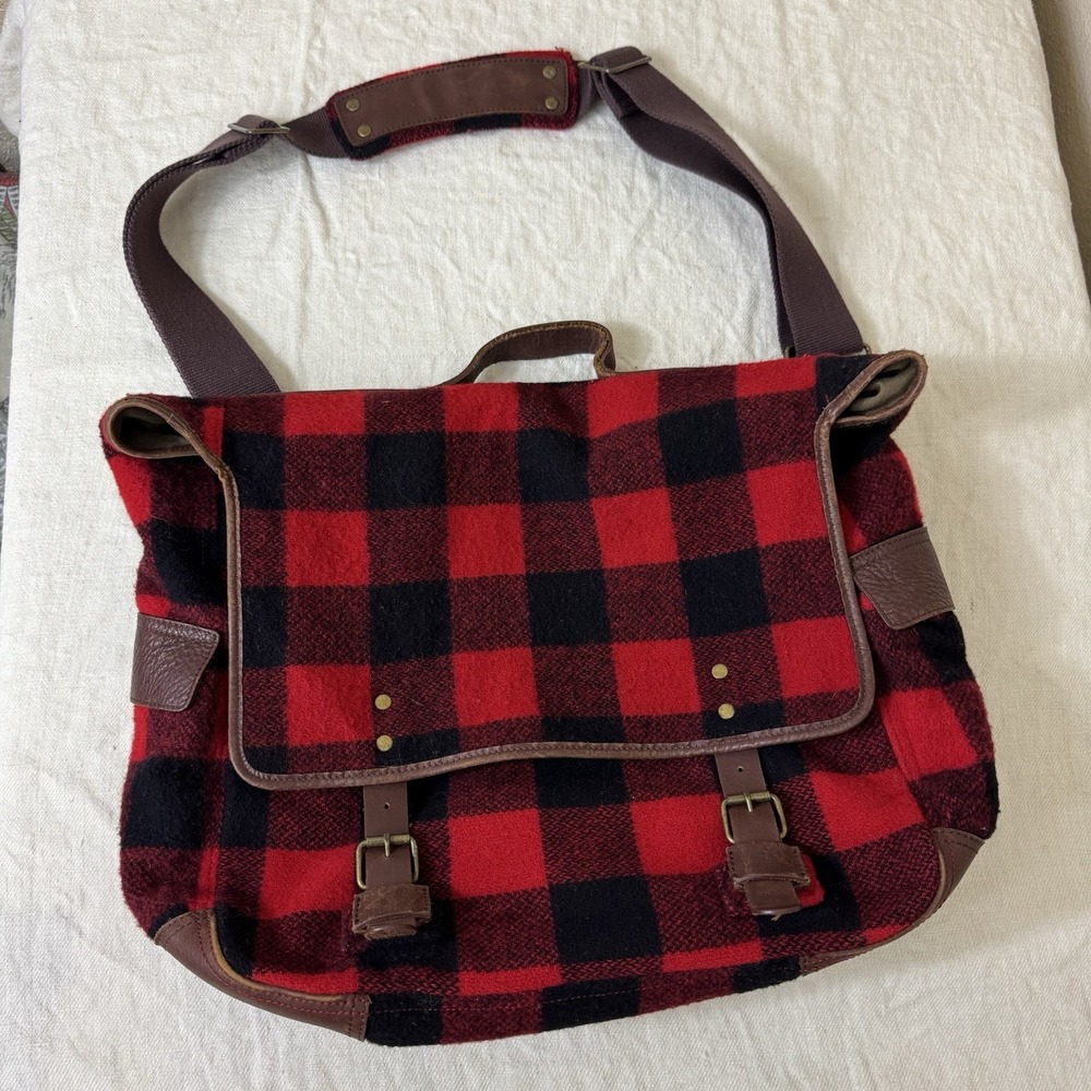 J. Crew Wool Blend Plaid Messenger Bag Red Black Buffalo Plaid Preppy Academia